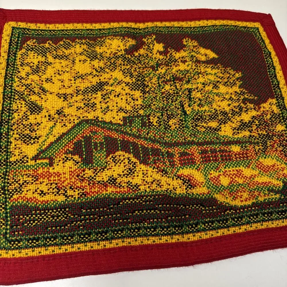 2 Vtg Cross Stitch Placemat Red Yellow Green House Trees Bushes Decor